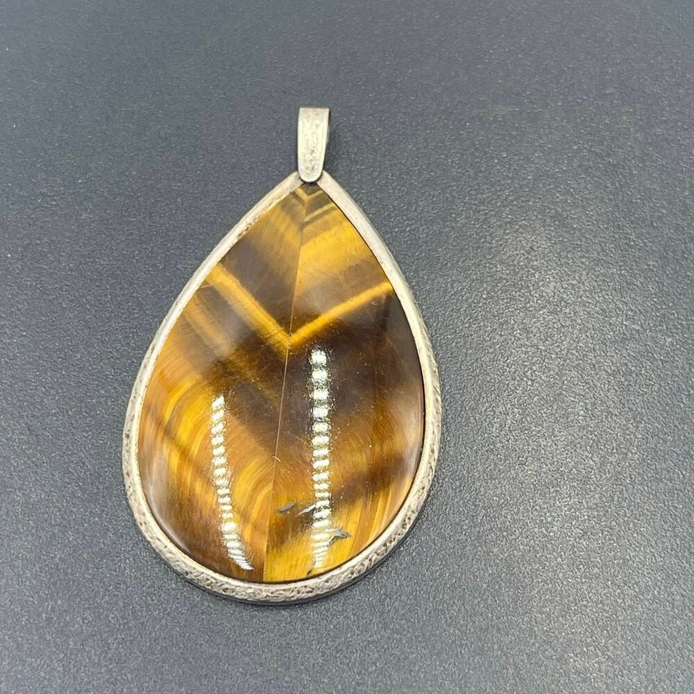 By Schneider Signed Vintage Sterling Silver Bezel Large Tigers Eye Pendant‎